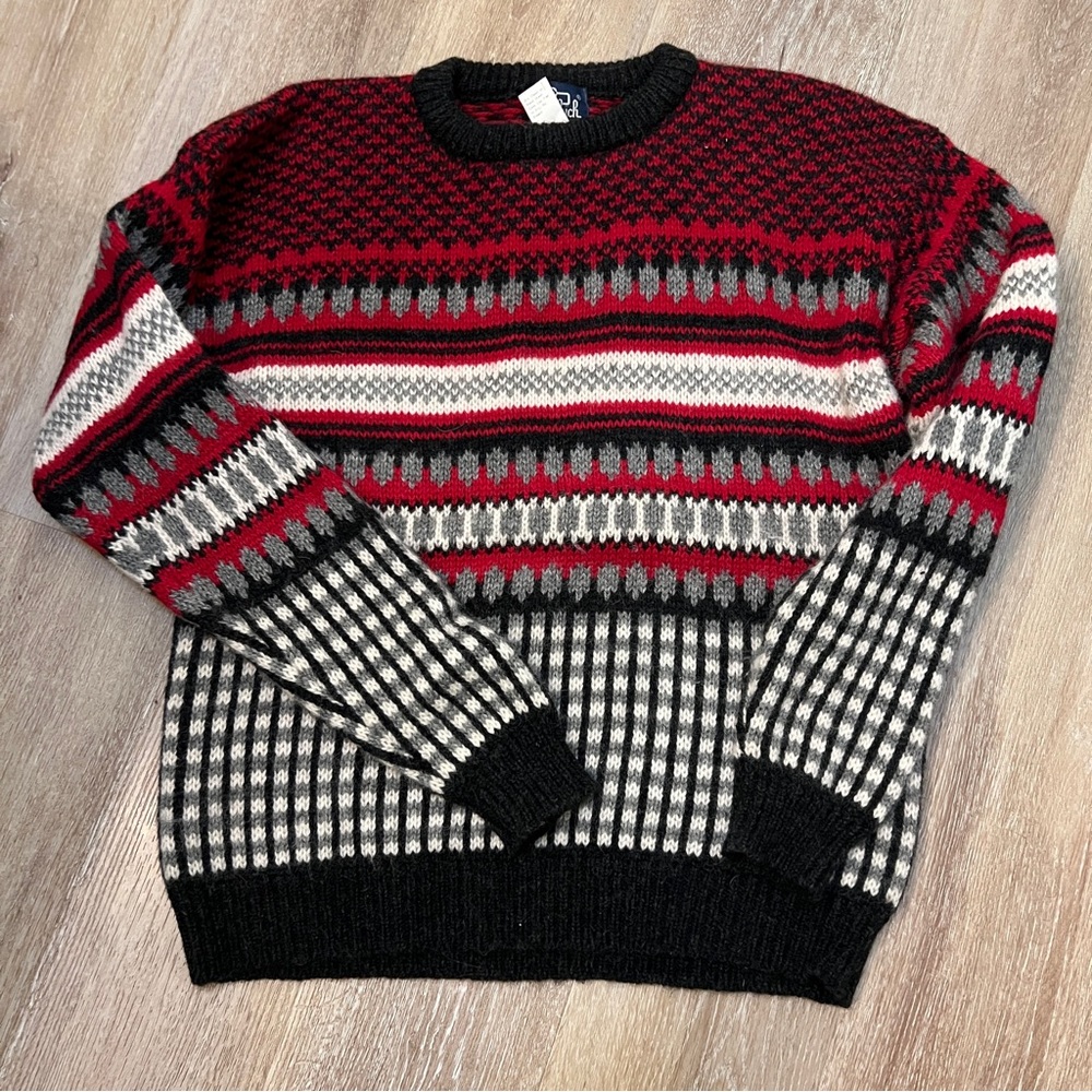 Men’s Vintage Wool Sweater Fair Isle Woolrich Red & Black Large XLarge